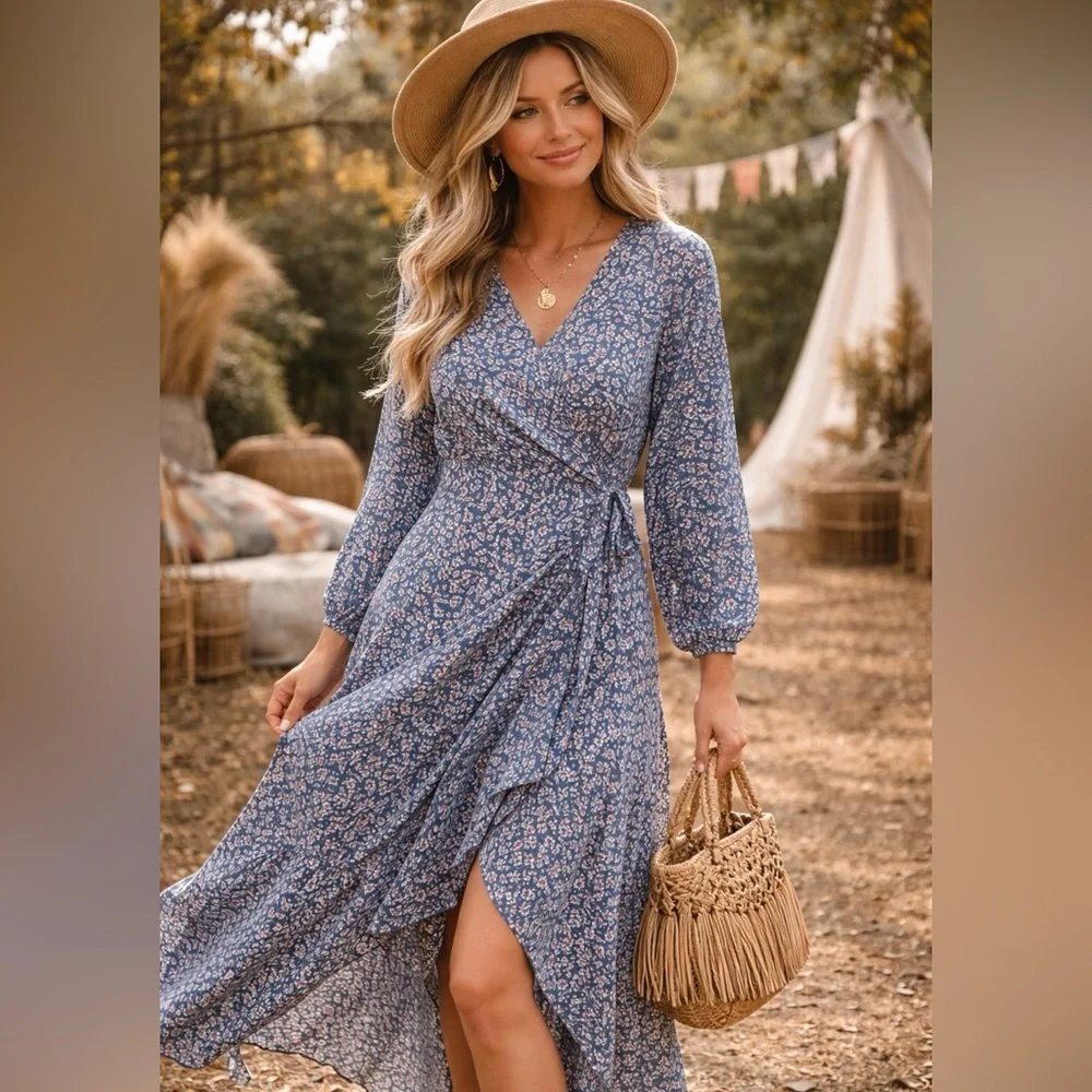 Elings Blue and Cream Floral Wrap Midi Dress Long Sleeve Boho Cottagecore Small